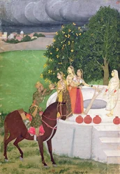 Ein Prinz bittet Frauen an einem Brunnen um Wasser, Mughal, ca. 1720